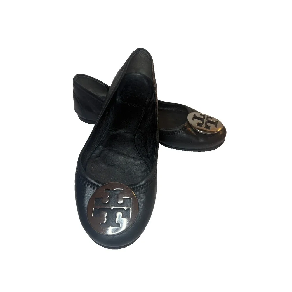 Tory Burch Reva‎ Black Leather Ballet Flats Silver Logo